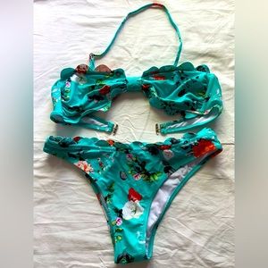 Women’s teal floral bikini top & bottom with scalloped edging - size Lrg